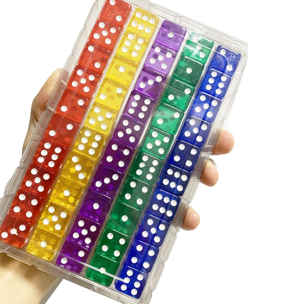 50PCS/Kit 6 Sided Dice 16mm D6 16 See Through Color Acrylic Square Corner Cube Digital Dice For Table Board Games Party DND