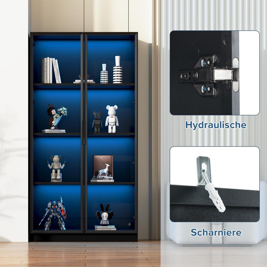 Glasvitrine LED-Lichtern 2er-Set, doppeltürige Schwarz viel Stauraum, Modern Einlegeböden, Bücherschrank Standvitrine Wohnzimmer Büro