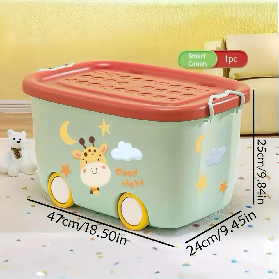 2Color Cartoon Cute Storage Box with Wheels a Household Storage Box with a Handle And Lid,Comes with a Set of Cartoon Stickers,Stackable for Books,