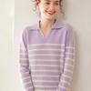 Women's Fashionable Striped Cashmere Knit Base Layer Top - Long Sleeve, Polo Collar, Soft, and Skin-Friendly.