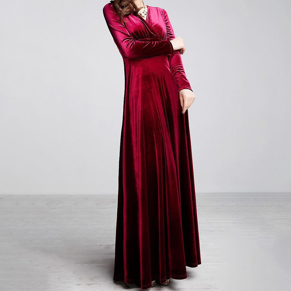 Damen Herbst und Winter Gold Samt V-Ausschnitt einfarbig langärmeliges Partykleid
