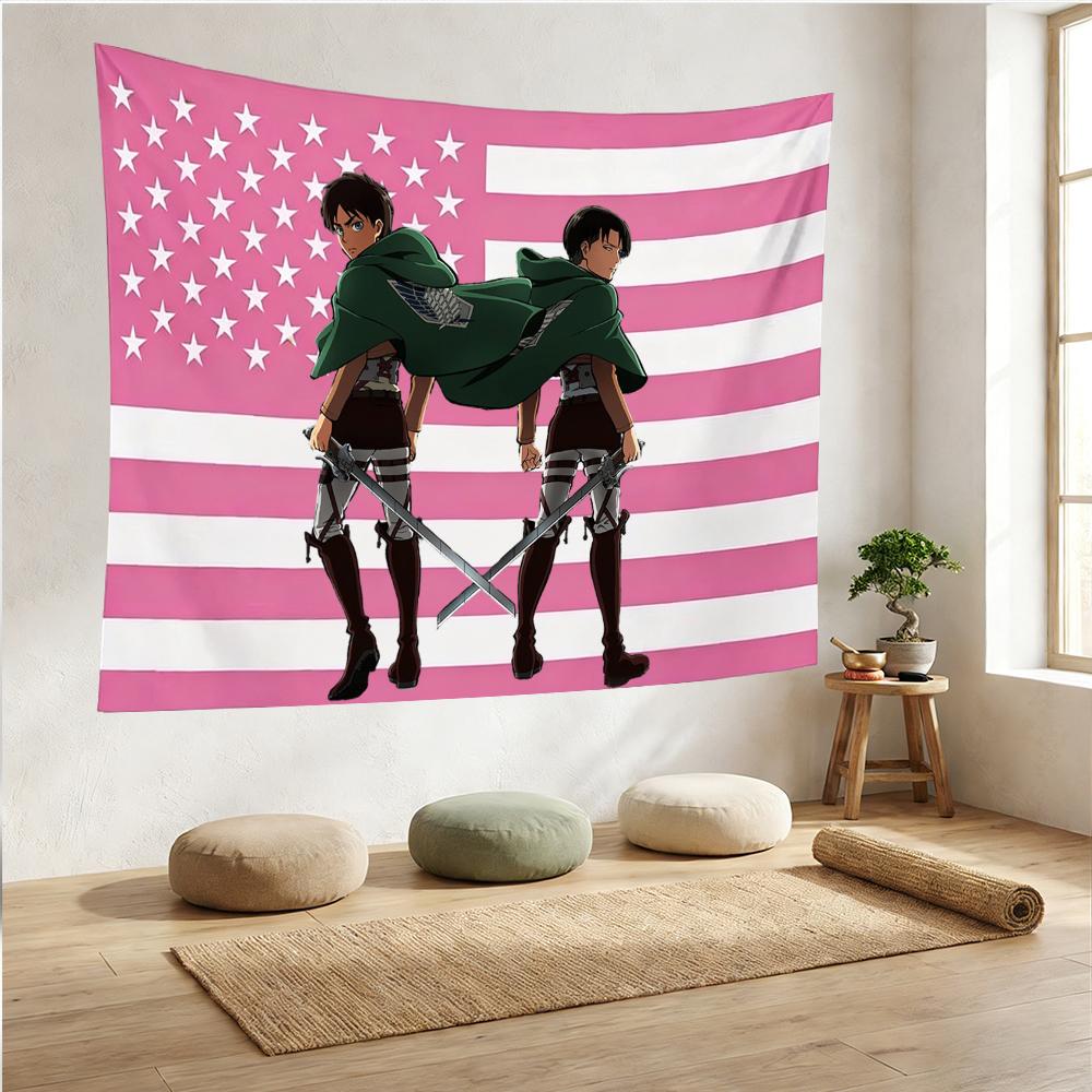 Attack On Titan Eren & Levi Pink American Flag Tapestry, Anime Fan Merch Wall Hanging For Bedroom Living Room, Flat Print Decor