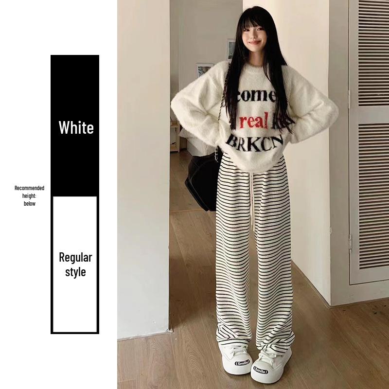 Women's Black and White Striped Terry Pants: High-Waist, Loose, Wide-Leg, Casual Fleece, Spring/Autumn 2025.