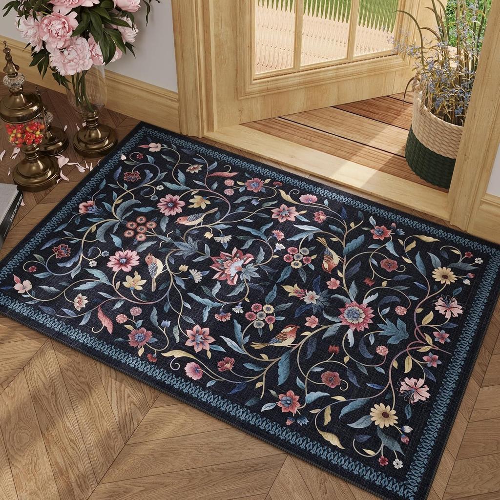 Retro Artistic Floral Bird Pattern Area Rug Boho Ethnic Style Entrance Doormat Bedroom Living Room Kitchen Decor Carpet