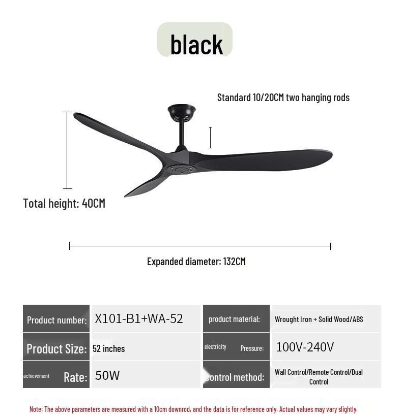 Variable Frequency Ceiling Fan with Light and Remote Control, Solid Wood Blades, for Living Room, Dining Room, Bedroom