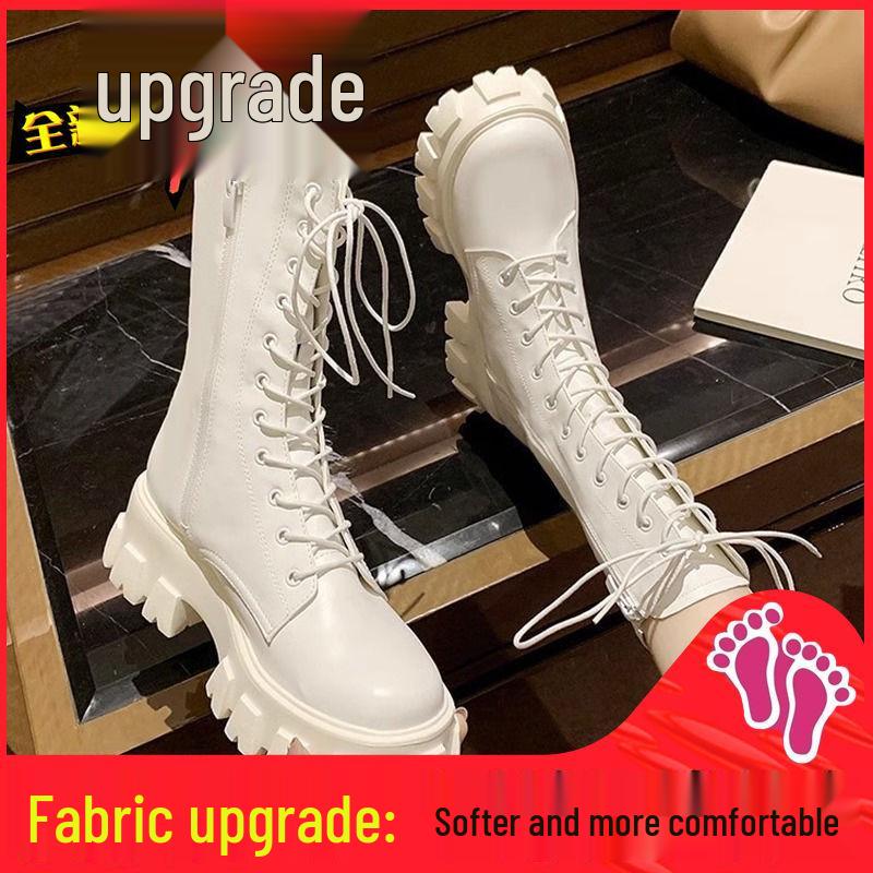 Petite Women's White High-Top Martin Boots, Thick-Soled British Style Mid-Calf Shoes for Spring and Autumn 2025.