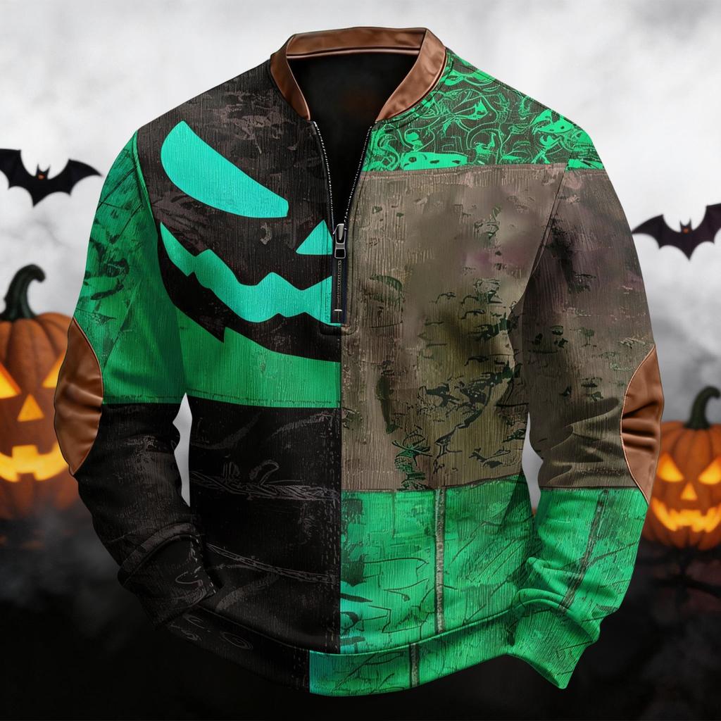 Men's Casual Retro Half Zip Long Sleeve Sweatshirt with Halloween Print
