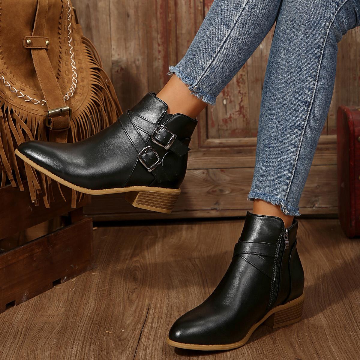 

Women s Leather Boots Belt Buckle Outdoor Footwear Fashion Pointed High Autumn Boot Casual Comfortable Shoes 36 чёрный