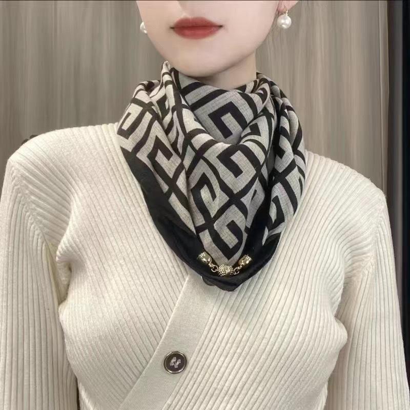 Women's 65" Silk Square Scarf with Magnetic Buckle – Autumn/Winter Print, Fashionable & Versatile Triangle Snood
