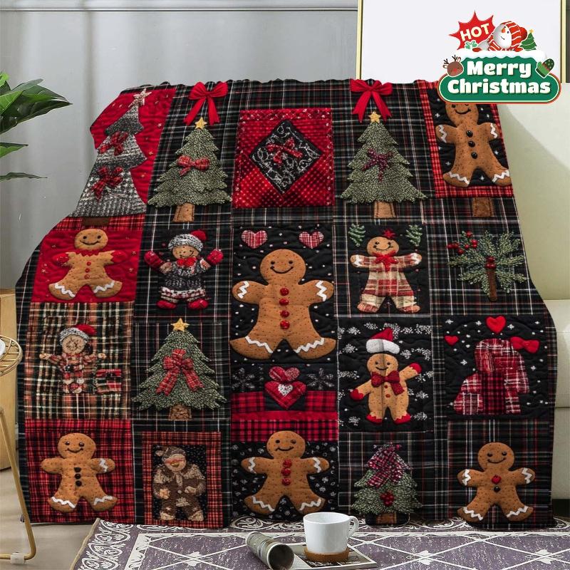Vintage Gingerbread for Man & Checkered Christmas Tree Blanket Flannel Plaid Throw in Red Black - All-Season Couch Bed Travel