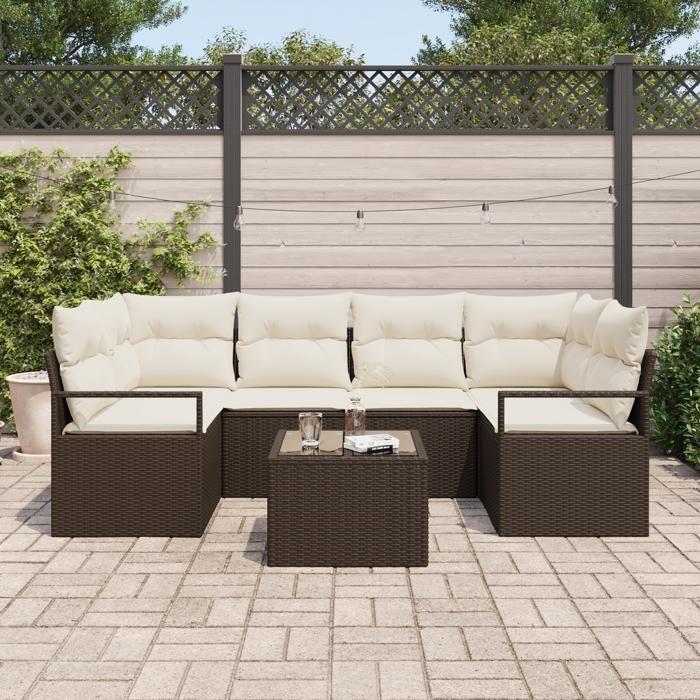 7-Piece Garden Sofa Set with Brown Cushions Poly Rattan, 2-Seater Garden Sofa with Brown Cushions Poly 3346278