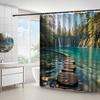 Forest Waterfall Shower Curtain Wooden Path Lake Scene Nature Art Calm Wilderness Decor Waterproof Printed Bath Curtain Home
