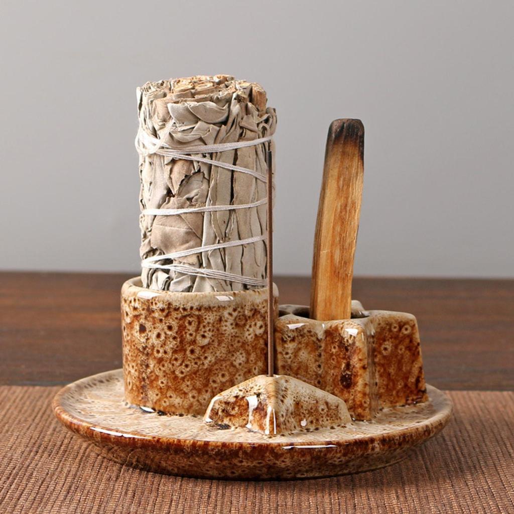 Ceramic Palo Santo Sticks Holder 4 in 1 Incense Burner Sage Holder Incense Holder Ash Catcher Tray for Meditation Yoga Room