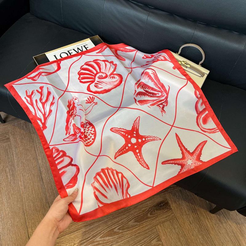 Fashion Black and White Printing Temperament Square Scarf Imitation Silk Korean Version Decorative Scarf Scarf Professional Decorative Shawl Silk Scar