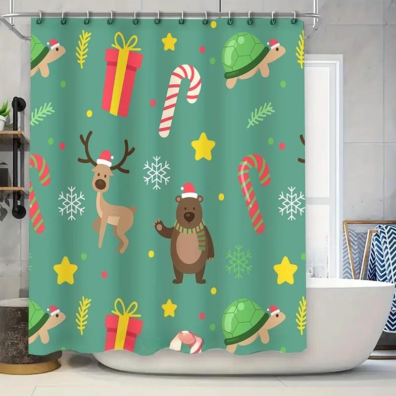 Christmas-themed shower curtain with reindeer, candy canes, and festive animals perfect for bathroom decor