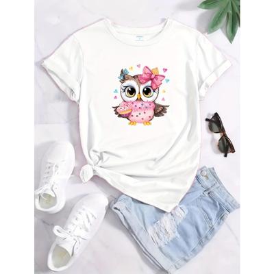 Cute Owl Print Crew Neck T-shirt, Casual Short Sleeve Top For Spring & Summer, Women's Clothing