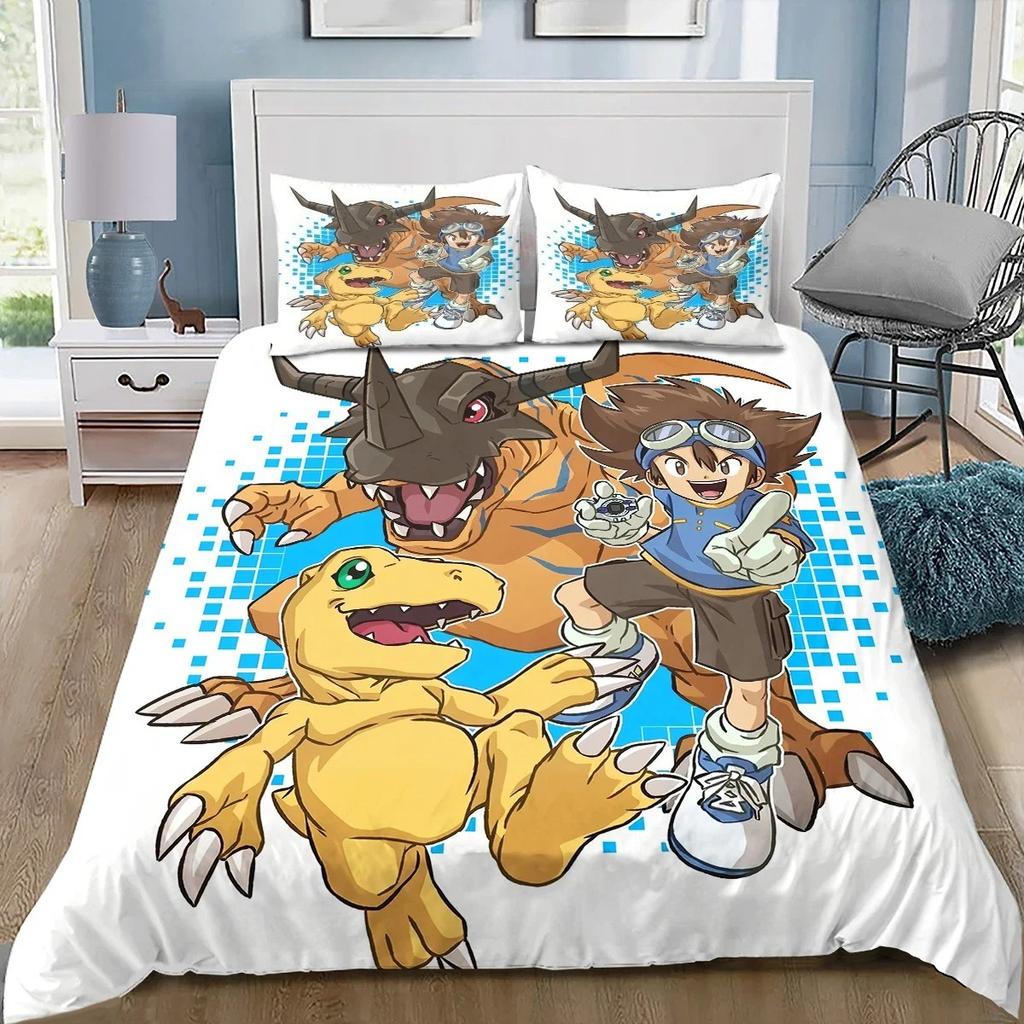 Digimon Cartoon 3D-Printed Bedding Set—Includes Duvet Cover and Pillowcases—Available for Single, Double, King, and Queen-Sized
