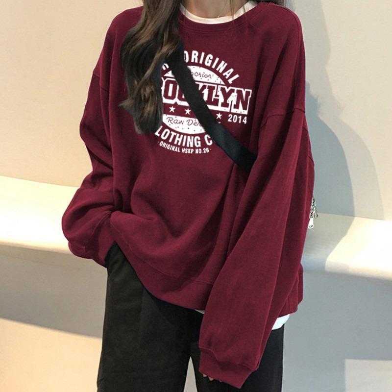 Support sweater women's thin loose round neck college style casual long sleeve alphabet jacket