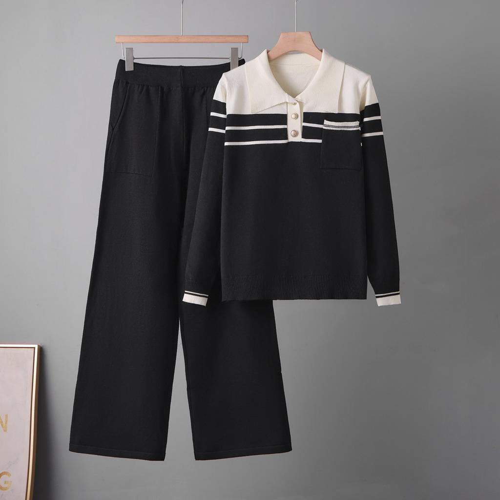 Striped sweater set Spring and Autumn 1116 new loose fashion casual wide-leg pants knitted two-piece set