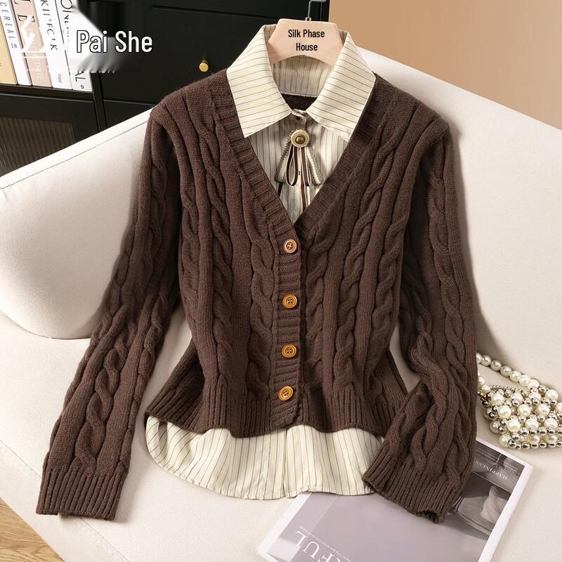Women s Lapel Faux Two-Piece Knit Cardigan One Size