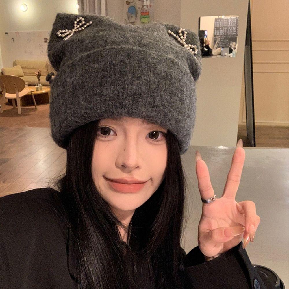 Bow Knitted Pullover Hat Sweet Cool Winter Wool Hat Windproof Cat Ears Beanie Hat Winter