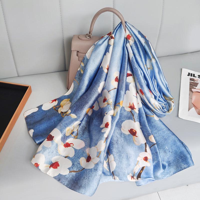 New Spring and Summer Long Silk Scarf High-end Imitation Silk Kicker Silk Scarf with Brocade Printed Shawl On The Outside Sun Protection Scarf