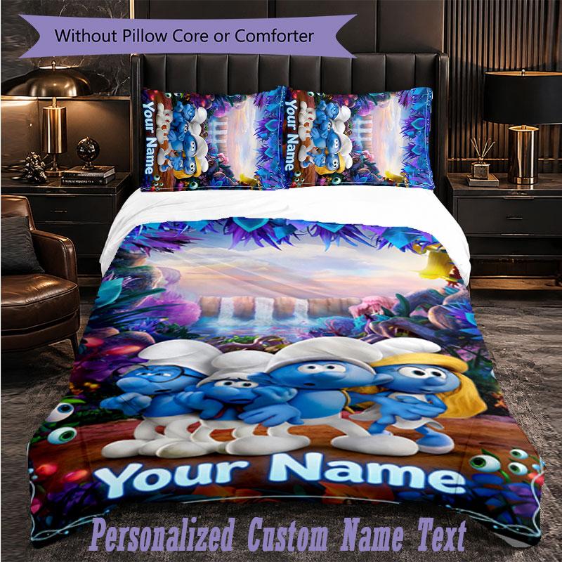 Personalized 3Pcs Bedding SetSmurfs Custom Text Duvet Cover Pillowcase Set Bedroom Gift