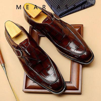 Chaussures Monk Formelles en Cuir pour Homme - Style Européen & Américain, Motif Alligator, Bout Carré, Rétro Fait Main