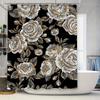 Modern Bathroom Shower Curtains Featuring Black White Floral Print With Metallic Gold Glitter, Decorative Waterproof Fabric, 72X