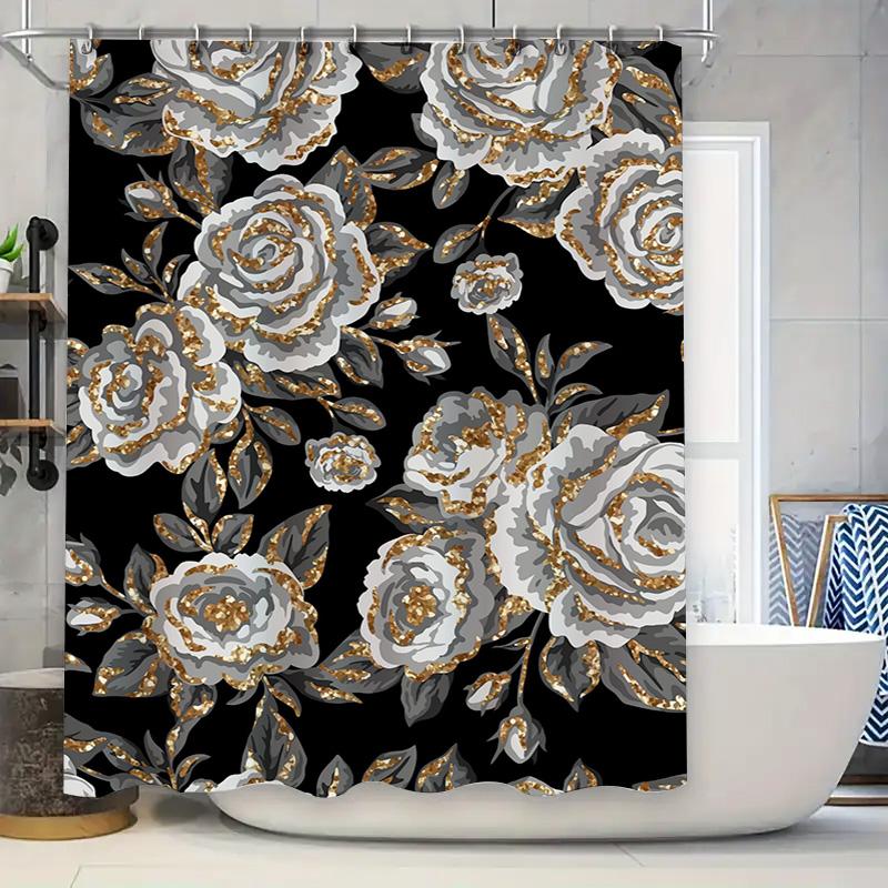 

Modern Bathroom Shower Curtains Featuring Black White Floral Print With Metallic Gold Glitter, Decorative Waterproof Fabric, 72X W60H190(CM)-1 Pcs