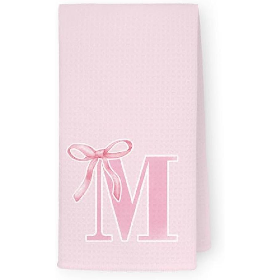 Coquette Pink Bows Personalized Kitchen Towels, Initial K Letter Decor, Pink Monogrammed Hand Towels for Bathroom, Sweet Dish Towels for Kitchen