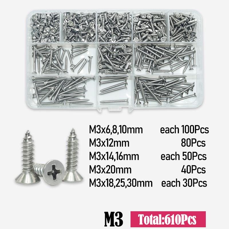 Bis zu 950 Stück A2 304 Edelstahl Selbstschneidende Phillips Schrauben Set M2 M3 M4 Kreuzschlitz Flachkopf Selbstbohrende Holzschrauben DIY