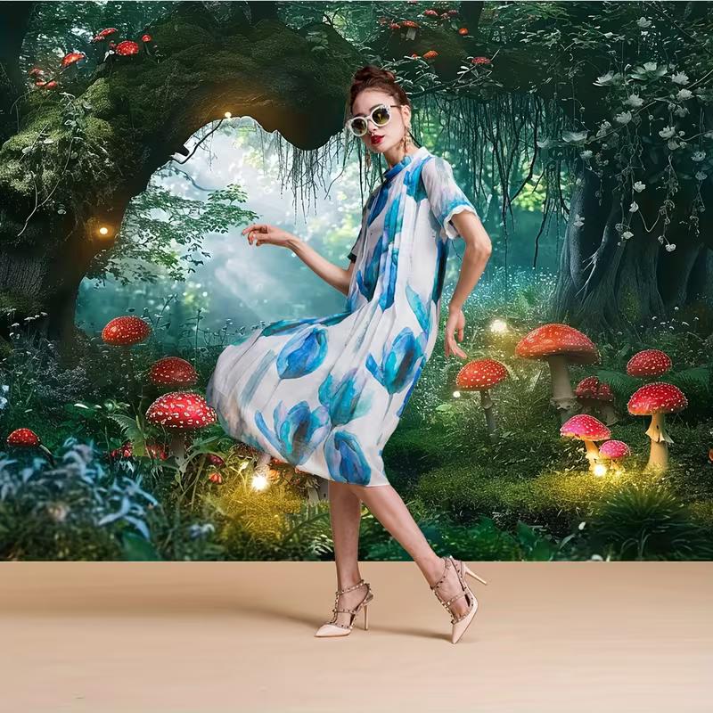 2D Fantasy Fairycore Wandteppich Verzauberter Grüner Wald mit Roten Pilzen Wandkunst