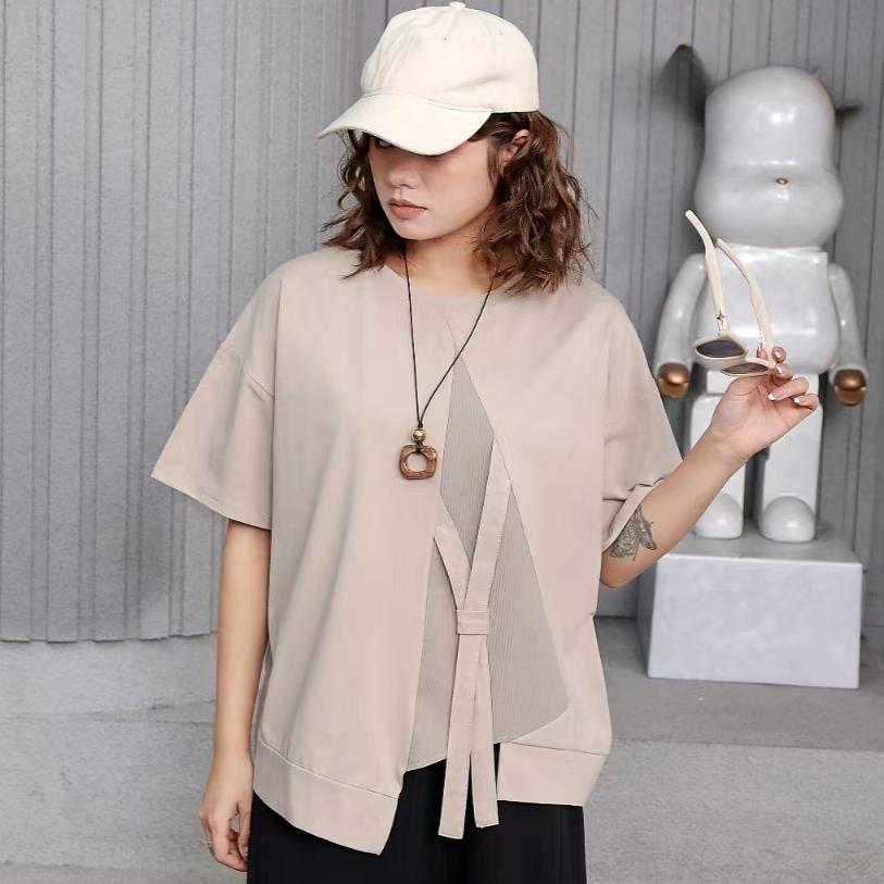 

DIMANAF 2025 Летняя футболка женская с принтом пуговиц асимметричная с коротким рукавом свободная One Size