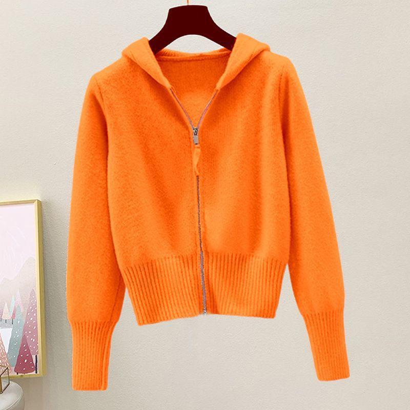 Women’s Short Hooded Knitted Cardigan Autumn Winter Loose Soft Solid Color Zippered Knitted Cardigan Knit Jacket