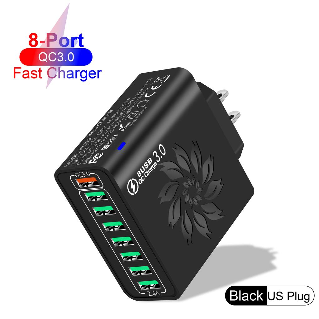 65W 8 Ports USB Charger QC Fast Charging EU/US/KR/UK Plug Fast Charger Power Adapter For iPhone 15 Xiaomi Samsung Wall Charger