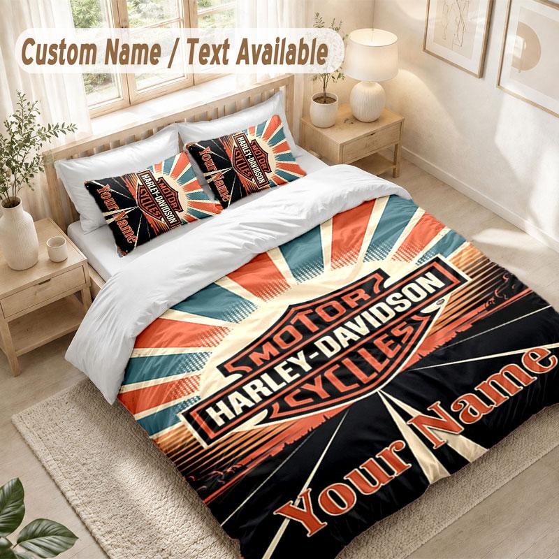 Custom Name Bedding Set 3 PiecesHarley-Davidson Print Duvet Cover + 2 Pillowcases Soft Bed Decor