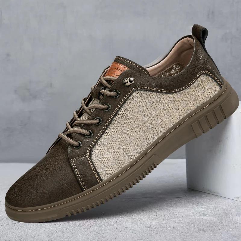 High Quality Men'S Summer New Two-Layer Cowhide Mesh Breathable Board Shoes With Fashionable Lace Up Outdoor Low Top Men'S Shoes