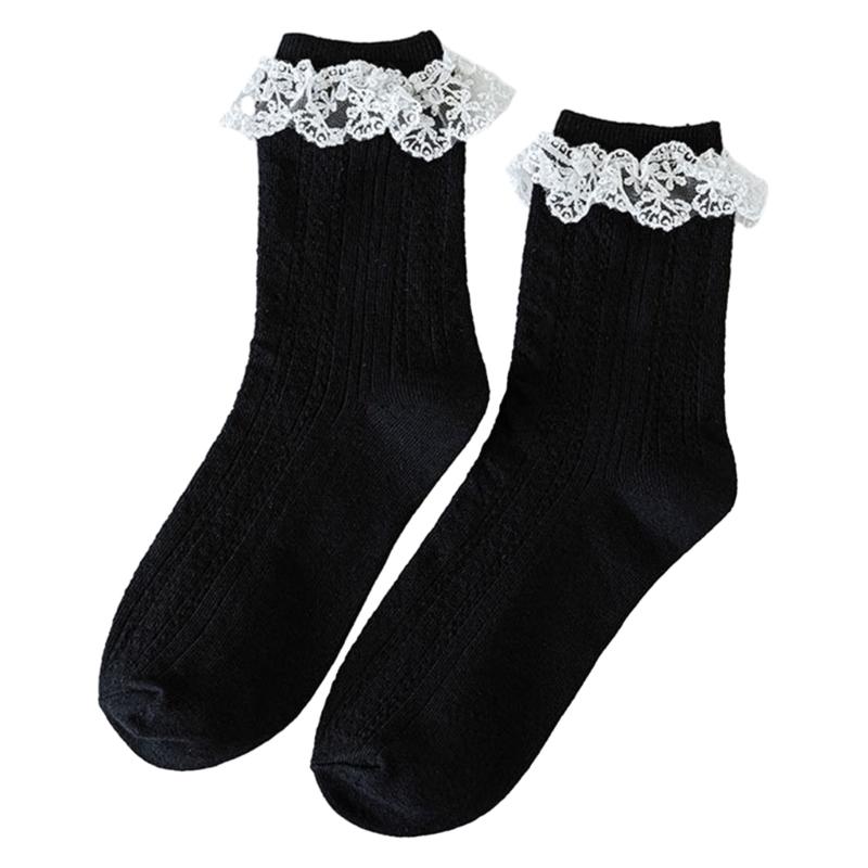 JK Girl Ruffle Lace Trim Cotton Ankle Socks Jacquard Knit Frilly Socks for Women