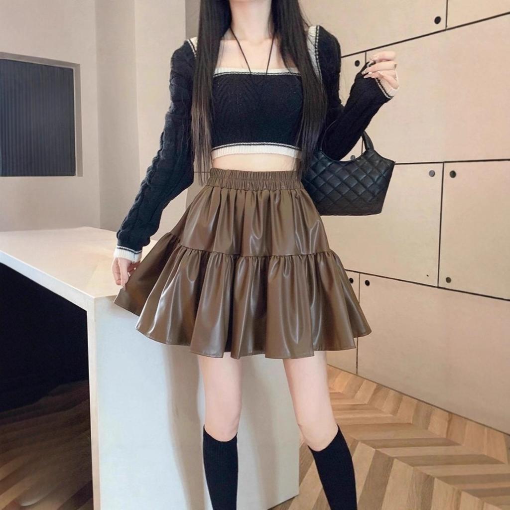 Women's High Waist A-Line PU Leather Skirt Solid Color Pleated Mini Skirt Pencil Skirt