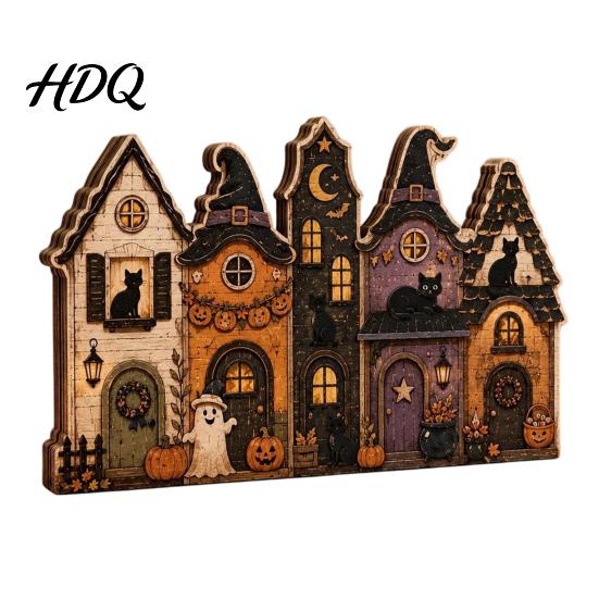 Halloween Wooden House Decorations Retro Haunted Village Tabletop Decor Fall Farmhouse Witch Distressed Wood Crafts Ornament Ghost Town Centerpiece