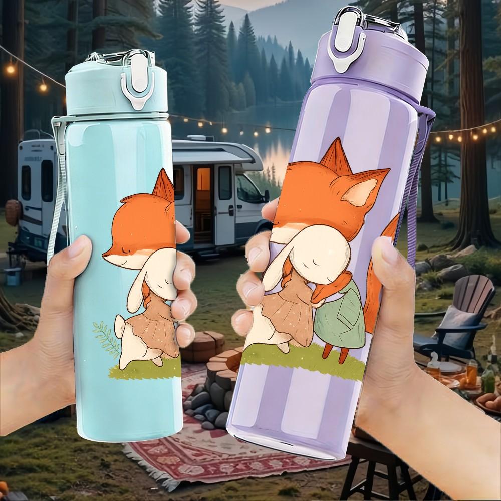 1PC Fox Sitting Grass Scene 750ml Color Plastic Sports Water Bottle Leakproof Flip Straw Lid Suitable for Sports Office Home Use