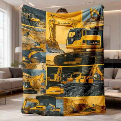 2026 New Flannel Blanket Featuring a Cozy Yellow Excavator And Construction Site Design, Soft Polyester Throw with Bright Engineering Graphics, Suitab
