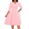 Women's A-Line Fit & Flare Skirt 3/4 Sleeves V-Neck Solid Color Cocktail Wedding Guest Overalls With Pockets Dress