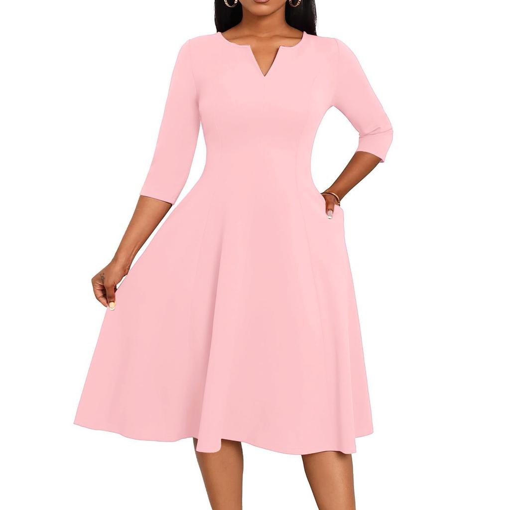 Women's A-Line Fit & Flare Skirt 3/4 Sleeves V-Neck Solid Color Cocktail Wedding Guest Overalls With Pockets Dress
