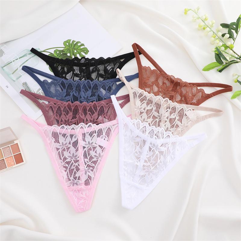 FINETOO Lace Thong For Women Sexy T-back Panty Solid Color Lingerie Floral Underwear