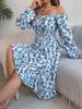 Elegant Floral Square Neck Long Sleeve Waisted Ruffled A Line Midi Dress For Women