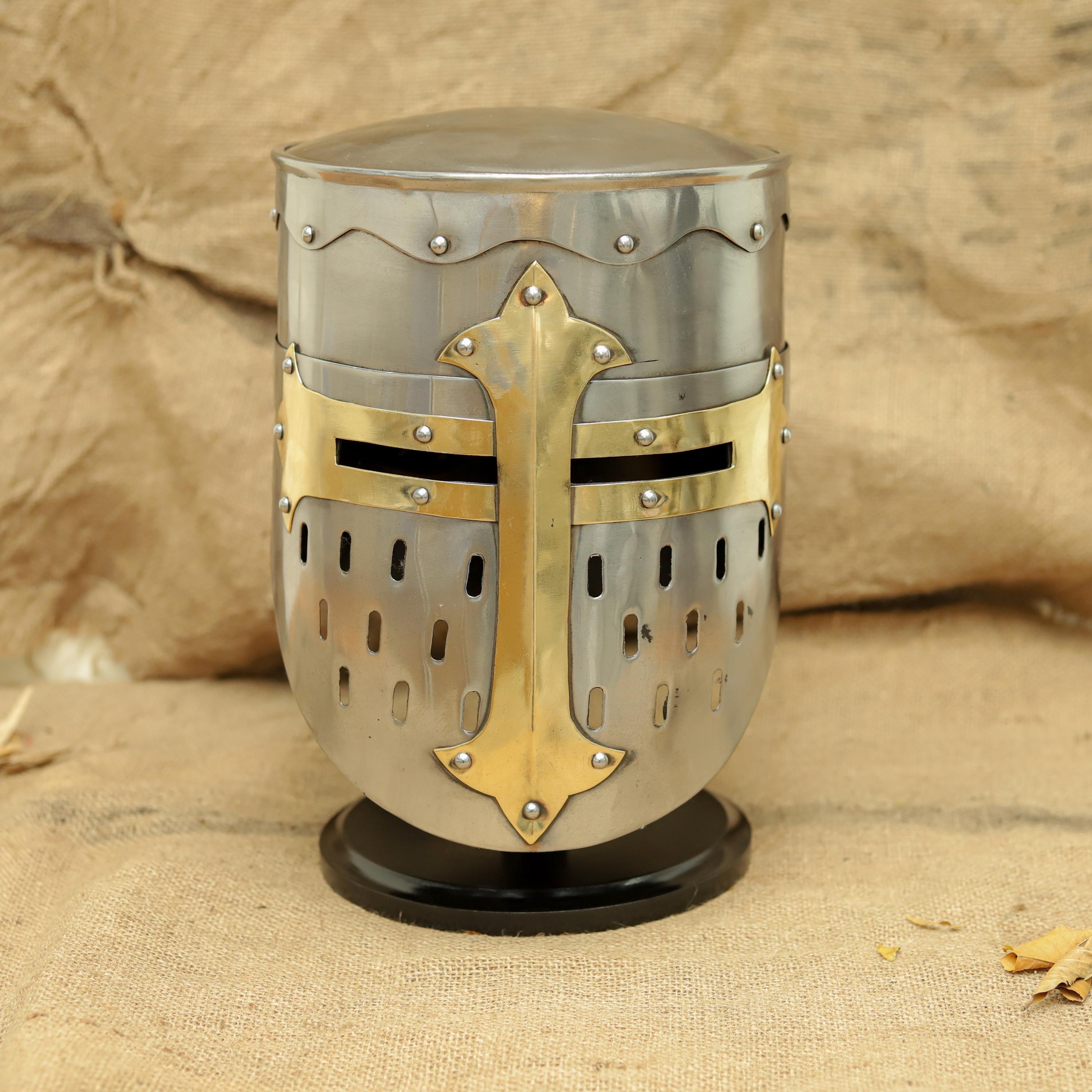 Handmade Crusader Great Helm Steel Knight Helmet with Brass Cross