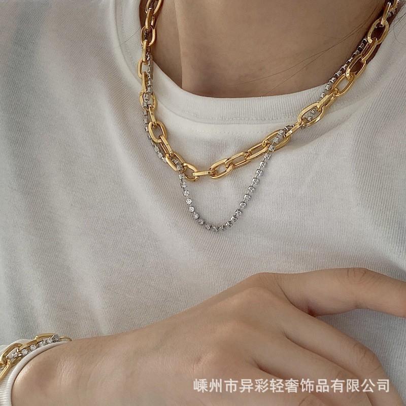 Double Layer Two-Tone Chain Necklace Women Minimalist Geometric Stylish Layered Choker Fashion Jewelry