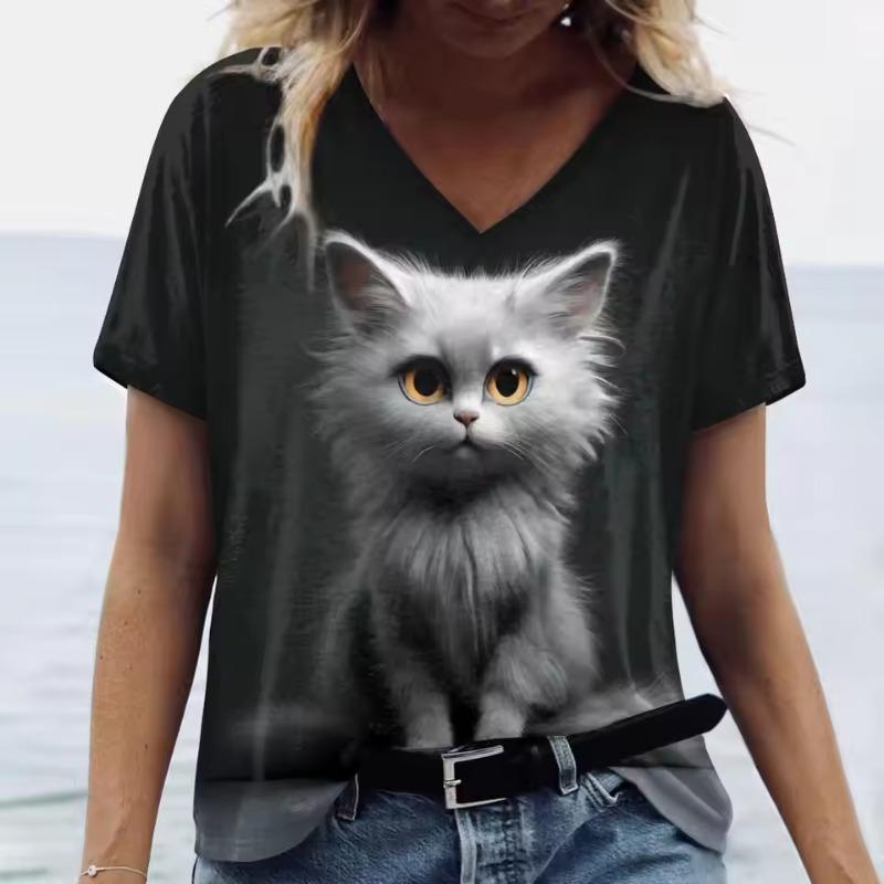 Damen V-Ausschnitt Kurzarm 3D T-Shirts Tiere Gedruckt Sommerkleidung Niedliche Cartoon Katze Damen T-Shirts Streetwear Oberteile